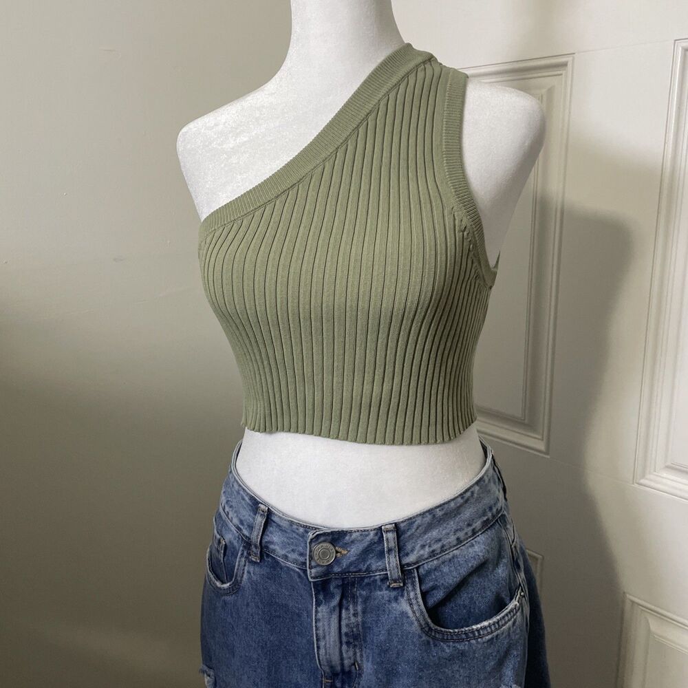 Zara Women's Ribbed One Shoulder Crop Tank Green Size Small Stretch Festival - Picture 2 of 8